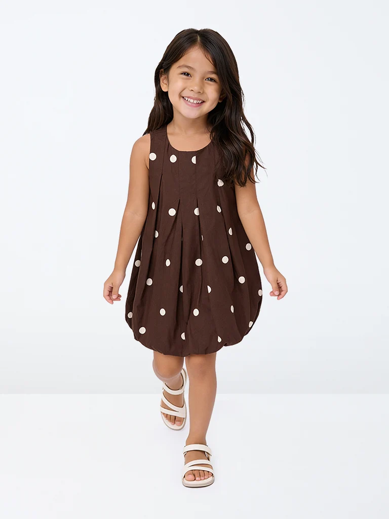 Kids Girls Dark Brown Polka Dot Printed Cotton Bubble Dress